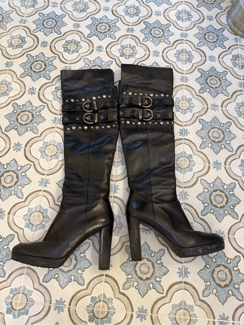Stuart Weitzman Over the Knee - Black Studded Buckle Boots - 8.5